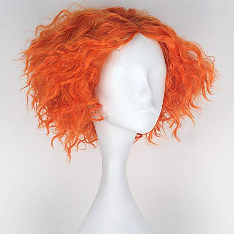 Cosplay Alice's Adventures in Wonderland Mad Hatter Cosplay Wigs All Middle Part 12 inch Heat Resistant Fiber Curly Dry Shiny Orange Teen Adults' Anime Wig Halloween Wigs3