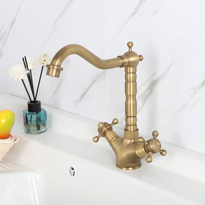 Single Handle Kitchen Faucet Antique Brass One Hole Rotatable Standard Spout/Tall/­High Arc, Brass Antique/COD Kitchen Faucet with Supply Lines / Adjustable to Cold and Hot Water2