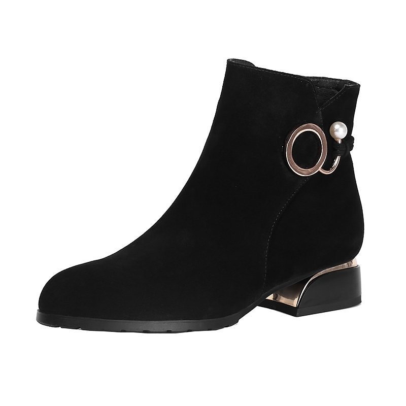 Women's Chic Ankle Boots with Gold Ring and Pearl Detail – Suede Block Heel Boots for Casual and Dressy Occasions3