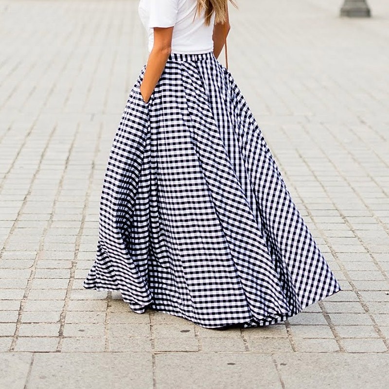 Women's Swing Plaid Skirt Long Skirt Fashion coastal grandma style Basic Summer Maxi Skirts Plaid Tartan Plaid Checkered Pocket Vacation Street Black Blue Summer Cotton Spandex3
