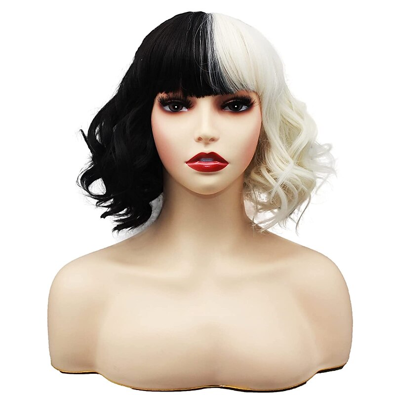 Cruella De Vil Wig for Women  Cosplay  Wig with Bangs Curly Short Black and White Wigs Kids Cruella Deville Wig Adult (New Black and White-1) Halloween Wigs