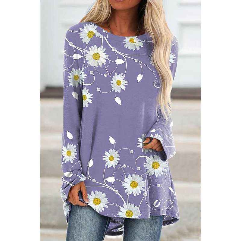 Women's Tunic T Shirts Floral Daisy Tunic Basic Long Sleeve Round Neck Long Tops Daily Weekend Print Blue Purple Green Fall & Winter Prefall3