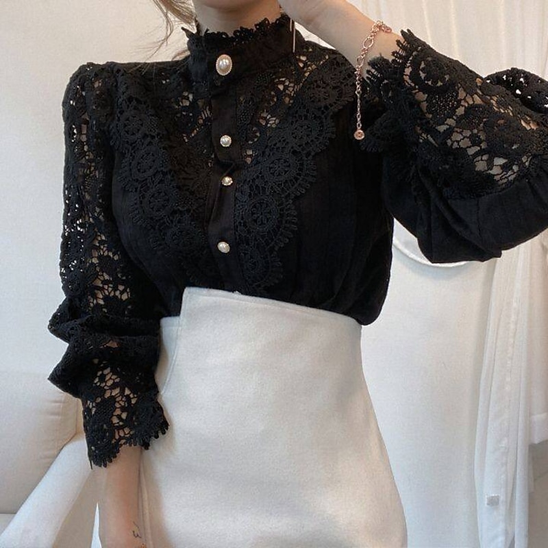 Women's Shirt Lace Shirt Going Out Tops Blouse Elegant Vintage Fashion Lace up Long Sleeve Regular Tops Party Club Black White Apricot Spring Fall2