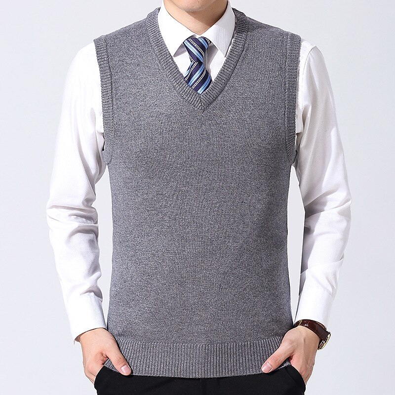 Men's Sweater Vest Dress Sweater Wool Sweater Pullover Sweater Jumper Ribbed Knit Knitted Solid Color V Neck Business Keep Warm Work Daily Wear Clothing Apparel Sleeveless Spring &  Fall Camel Black - Main Image