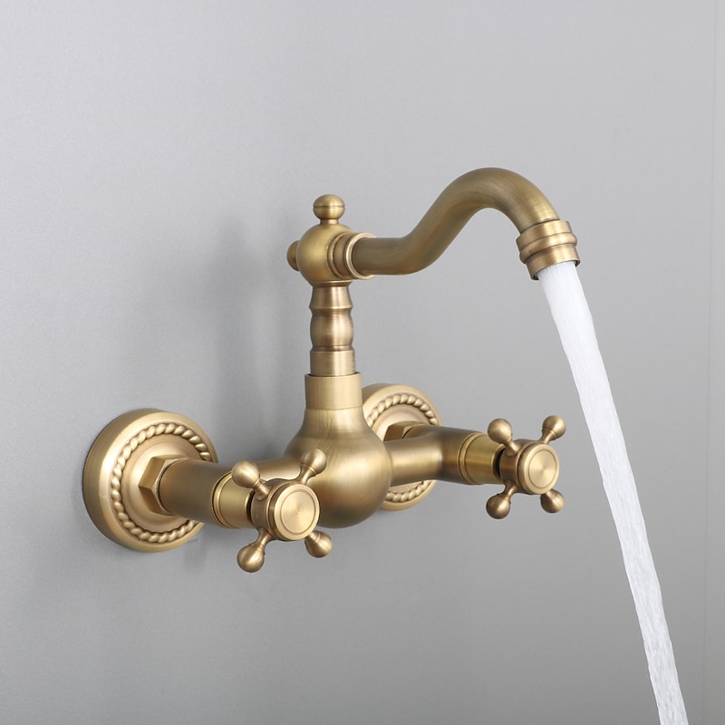 Retro Style Utility Sink Laundry Faucet, Wall Mount Long Spout Two Handles Two Holes Wash Basin Tap with Hot and Cold Water Hoses, Laundry Tub Pot Filler Commercial Faucet in Antique Brass3