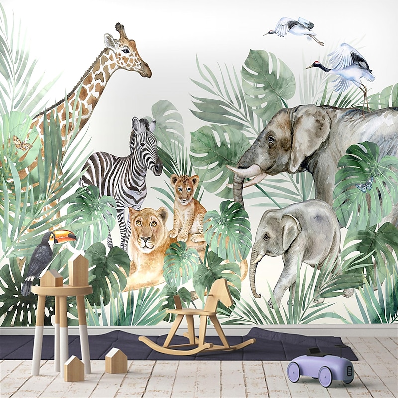 Nursery Mural Wallpaper Wall Sticker Covering Print Peel and Stick Self Adhesive Cartoon Giraffe Elephant Animal Canvas Home Decor