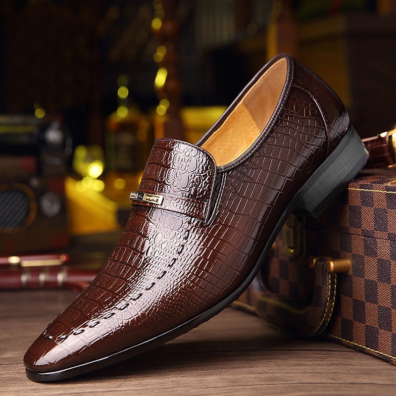 Men's Brown Crocodile Pattern Faux Leather Loafers - Elegant Slip-On Dress Shoes for Formal Occasions