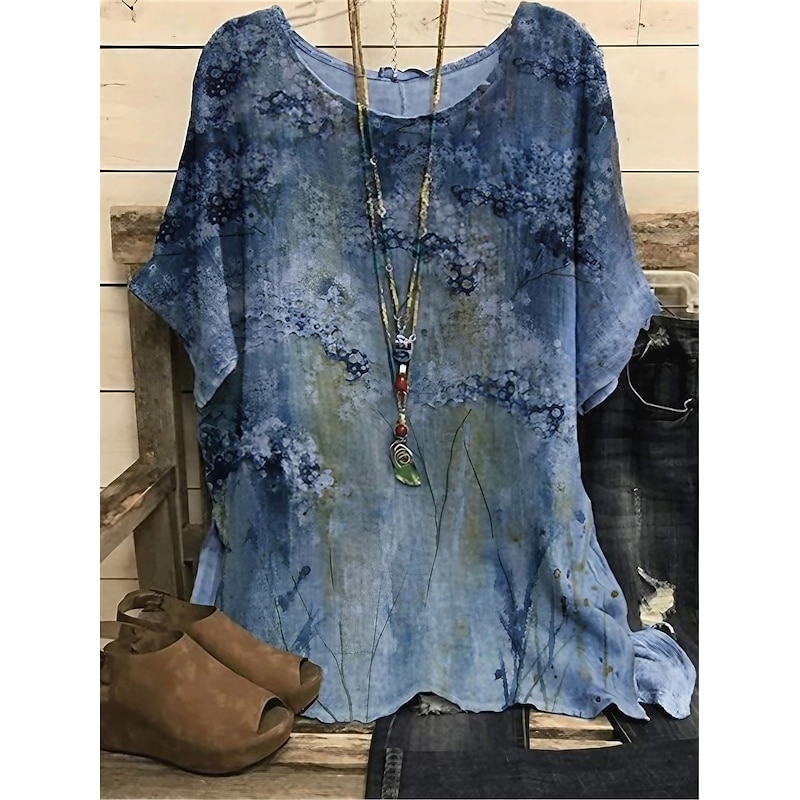 Women's Plus Size Blouse Chiffon Vintage Basic Holiday Floral Print Dolman Sleeve Short Sleeve Regular Tops Crew Neck Vacation Daily Weekend Pink Blue Green Gray Summer Spring