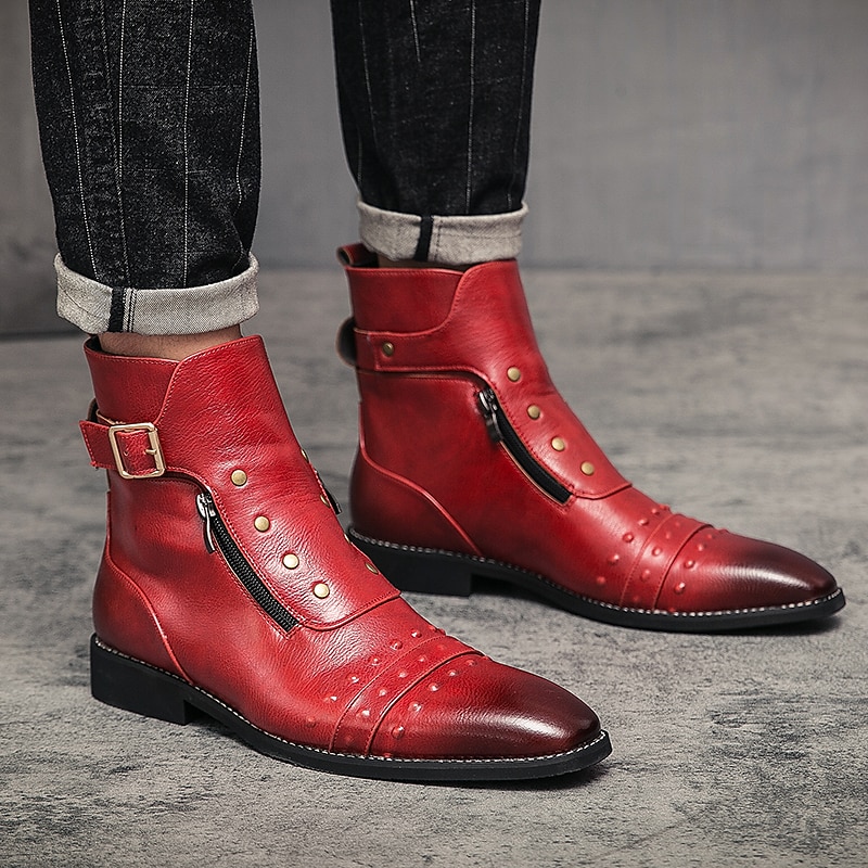 Men's Red Faux Leather Ankle Boots – Vintage-Style Zip-Up with Studded Details, Perfect for Motorcycle and Casual Fashion3