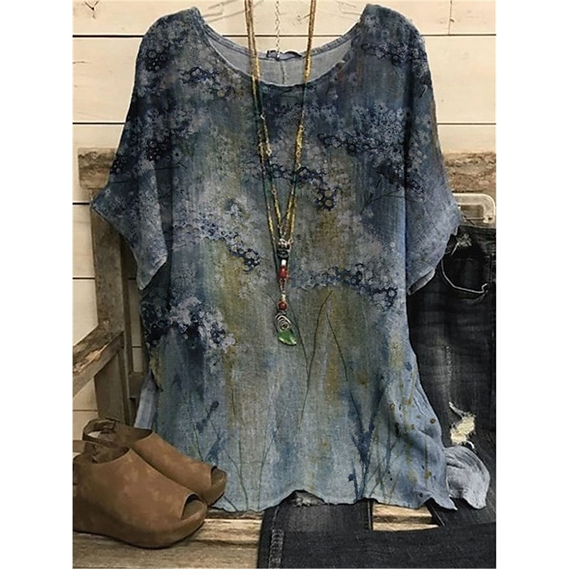Women's Plus Size Blouse Chiffon Vintage Basic Holiday Floral Print Dolman Sleeve Short Sleeve Regular Tops Crew Neck Vacation Daily Weekend Pink Blue Green Gray Summer Spring3