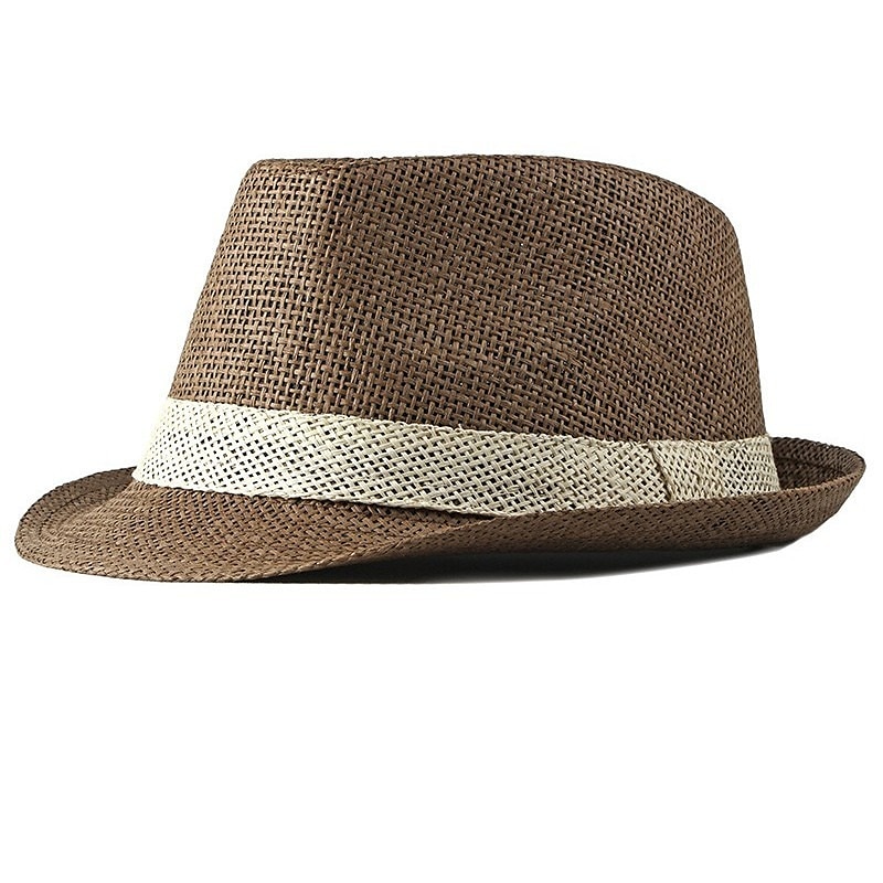 Men's Straw Hat Sun Hat Panama Hat Fedora Trilby Hat Blue Brown Pure Cotton Classic Retro Pure Color Party 1920s Fashion Vintage Party Dailywear Color Block Outdoor Travel4