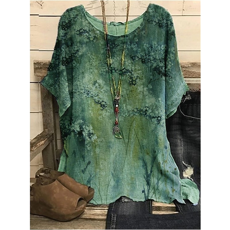 Women's Plus Size Blouse Chiffon Vintage Basic Holiday Floral Print Dolman Sleeve Short Sleeve Regular Tops Crew Neck Vacation Daily Weekend Pink Blue Green Gray Summer Spring4