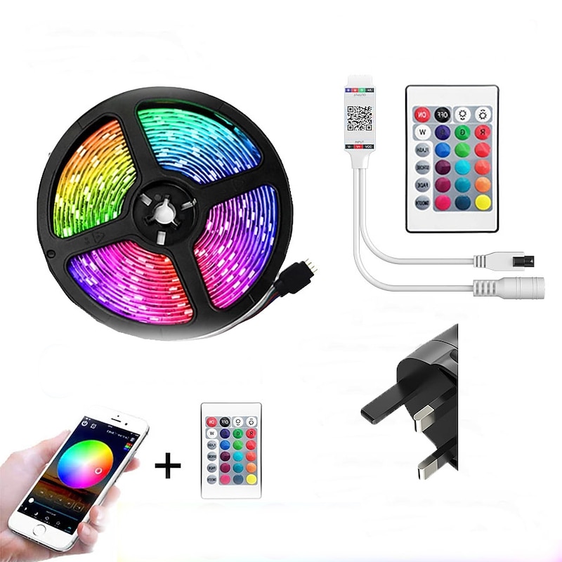 LED Strip Lights 5m Flexible LED Light Strips Light Sets String Lights 150 LEDs 5050 SMD 10mm 1 24Keys Remote Controller 1 x 12V 2A Adapter 1 set RGB Red Blue Christmas New Year's APP Control Decorative Self-adhesive4