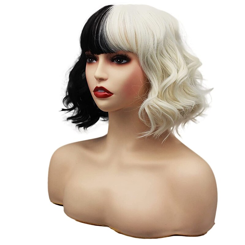 Cruella De Vil Wig for Women  Cosplay  Wig with Bangs Curly Short Black and White Wigs Kids Cruella Deville Wig Adult (New Black and White-1) Halloween Wigs2