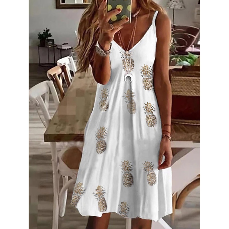 Women's Mini Dress Casual Dress Petite Dress Sundress Summer Dress Basic Sexy Casual Vacation Daily Holiday Regular Fit Heart LOVE Fruit Sleeveless V Neck Spaghetti Strap pineapple Flowers4