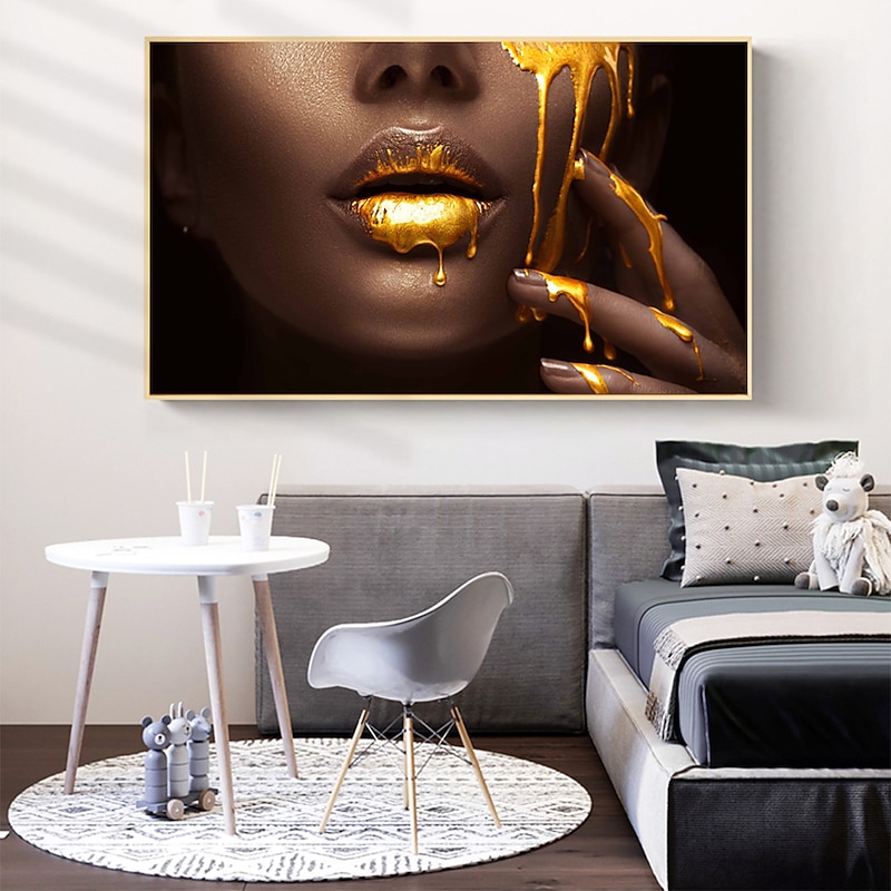 Wall Art Canvas Poster Painting Artwork Picture Gold Lips Woman Home Decoration Décor Rolled Canvas No Frame Unframed Unstretched4