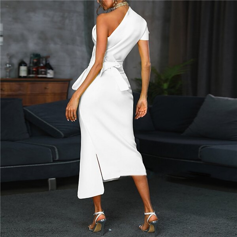 Beach Wedding Sheath Cocktail Dresses Elegant Dress Wedding Guest WorkWear Ankle Length Short Sleeve One Shoulder Stretch Fabric with Bow(s) Slit Dresses2