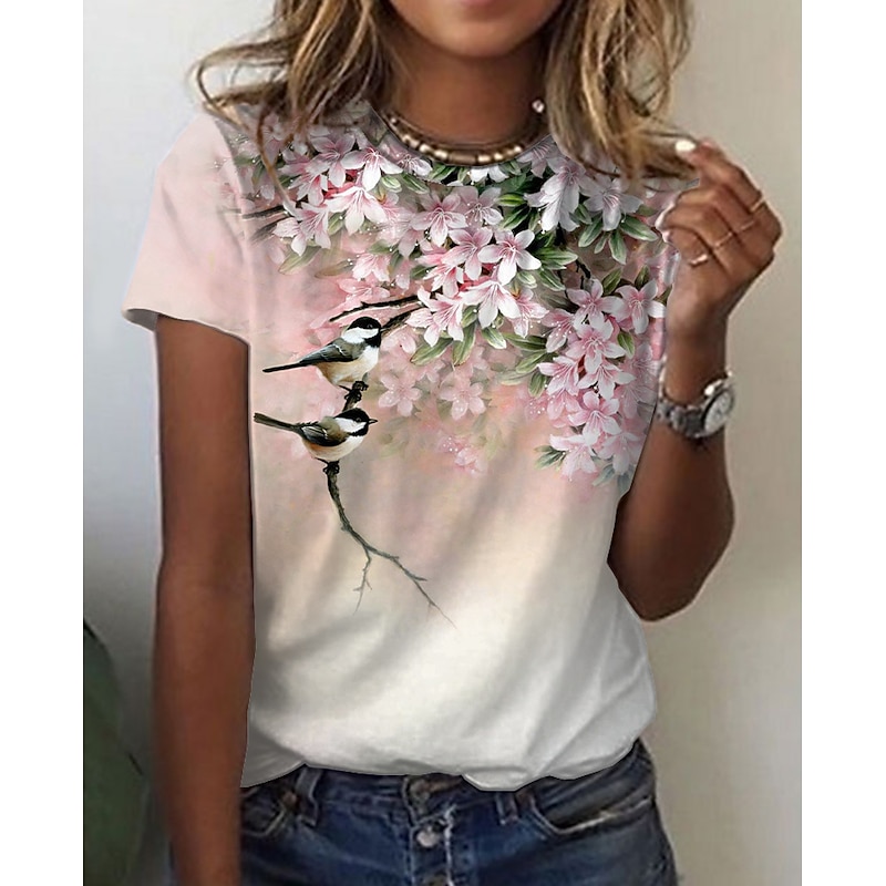 Women's T Shirt Vacation Daily Basic Floral Print Short Sleeve Regular Tops Round Neck Vacation Casual Daily White Pink Green2