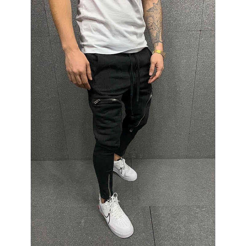 Men's Cargo Pants Cargo Trousers Trousers Elastic Waist Sporty Multi Pocket Plain Sports Full Length Sports Streetwear Athleisure Loose Fit Black White Micro-elastic4