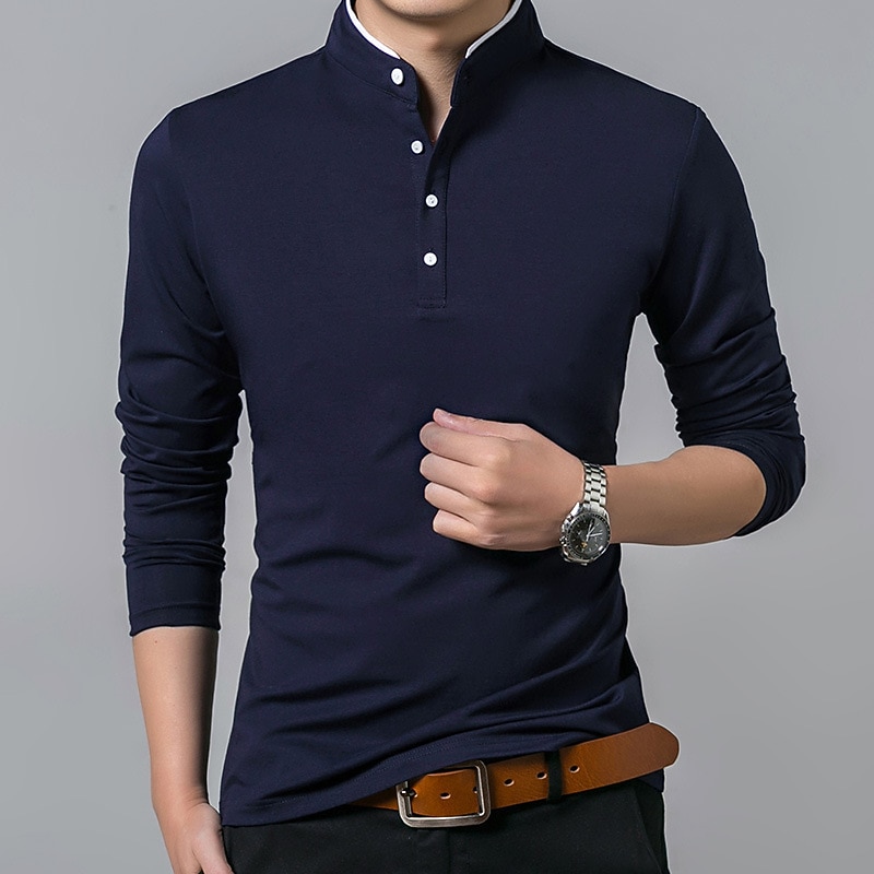 Men's Collarless Golf Shirts Banded Collar Shirt Outdoor Street Stand Collar Mandarin Collar Long Sleeve Casual Comfortable Solid Color Button Front Spring &  Fall Regular Fit Black White Red Navy