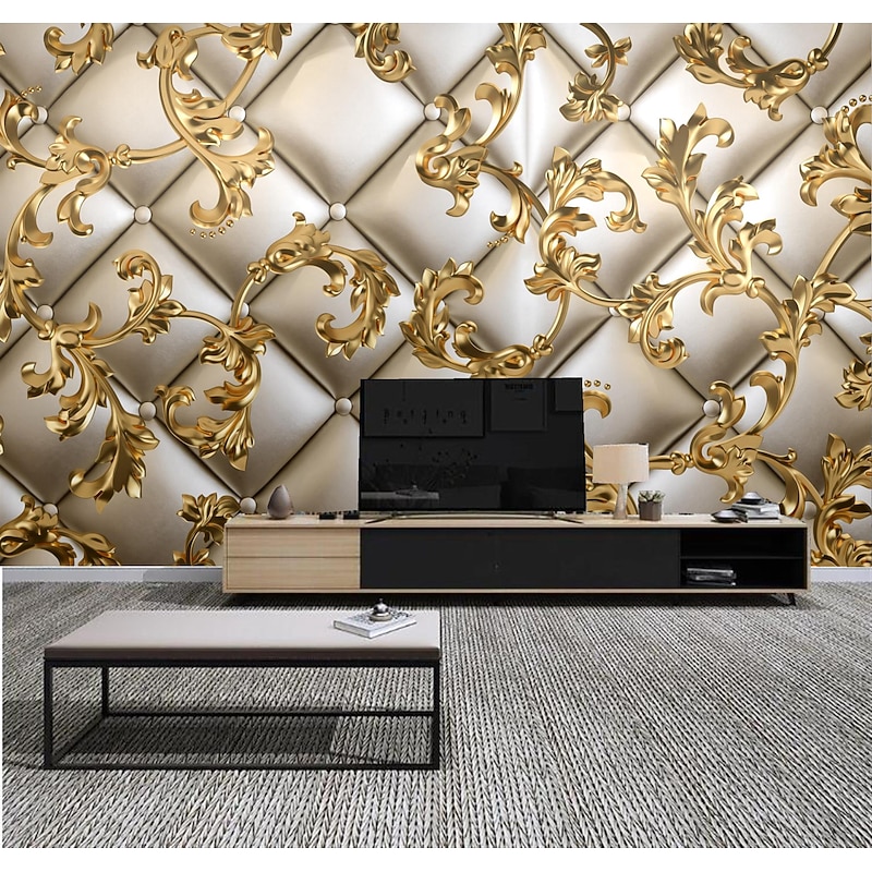 Mural Wallpaper Wall Sticker Covering Print Golden Leaf Leather Faux 3D Canvas Home Decor for Home Living Room Bedroom Indoor and TV Background4