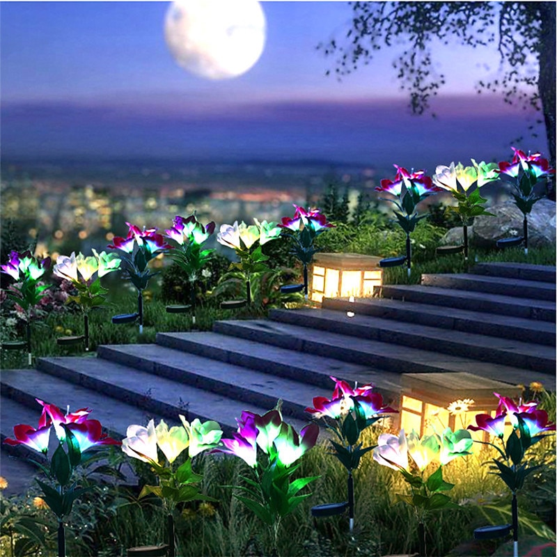4-Head Solar LED Lily Flower Lights, Solar Outdoor Garden Lights RGB Color, Waterproof, 600mAh, Garden Yard Lawn Wedding Decor 1/2pcs2