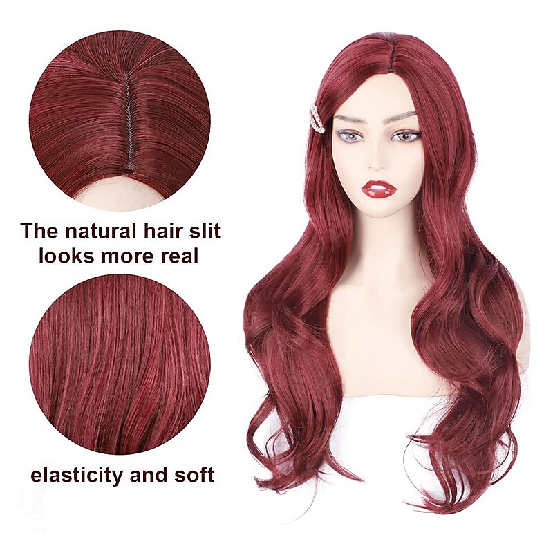 Red Synthetic Wig Long Wavy Side Part Heat Resistance Wig Natural Looking Fiber for Women Cosplay or Daily Use. Halloween Wigs2