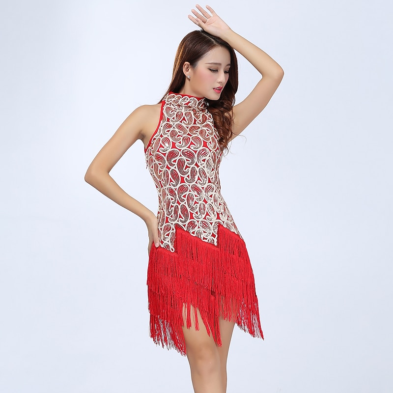 Latin Dance Dress Fringed Tassel Splicing Paillette Women's Training Performance Sleeveless High Polyester4