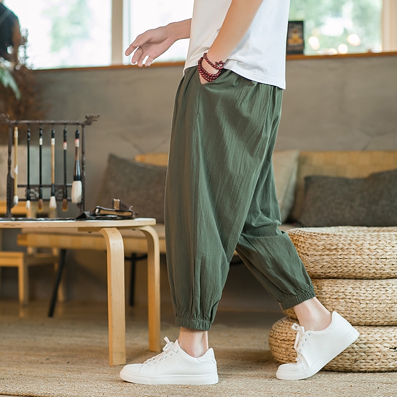 Men's Harem Joggers Linen Pants Trousers Summer Pants Drawstring Plain Outdoor Ankle-Length Home Casual Daily Chinoiserie Folk Style Loose Fit ArmyGreen Black Micro-elastic