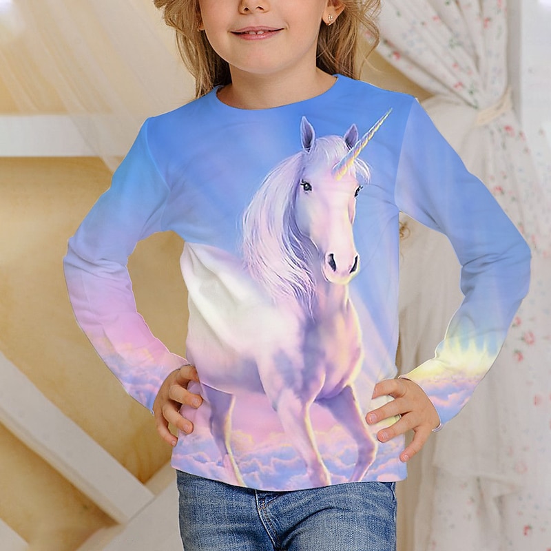 Kids Girls' Unicorn 3D Print  T shirt Tee Long Sleeve Animal Print Blue Children Tops Fall Active School Daily Wear Regular Fit 4-12 Years