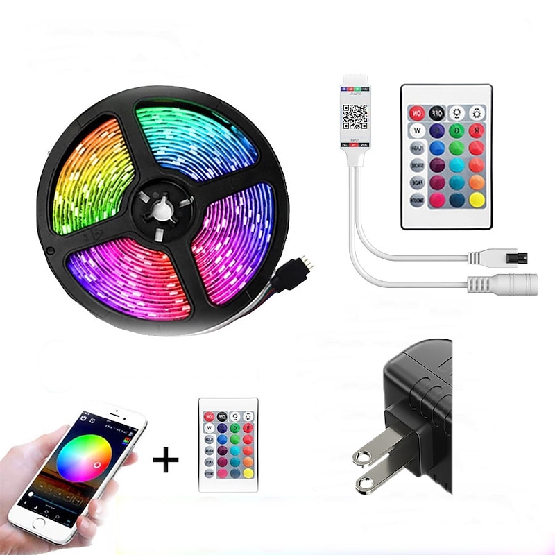 LED Strip Lights 5m Flexible LED Light Strips Light Sets String Lights 150 LEDs 5050 SMD 10mm 1 24Keys Remote Controller 1 x 12V 2A Adapter 1 set RGB Red Blue Christmas New Year's APP Control Decorative Self-adhesive2