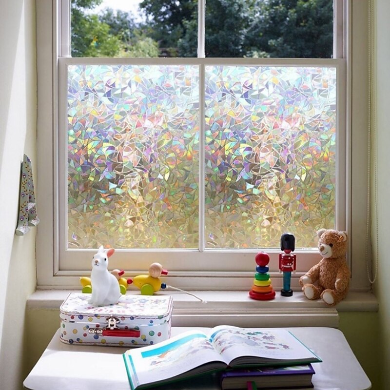 Window Privacy Film, Rainbow Window Film, Removable Stained Glass Sticker, Heat Control Window Cling for Decor, Silver 9