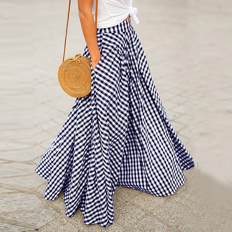 Women's Swing Plaid Skirt Long Skirt Fashion coastal grandma style Basic Summer Maxi Skirts Plaid Tartan Plaid Checkered Pocket Vacation Street Black Blue Summer Cotton Spandex2