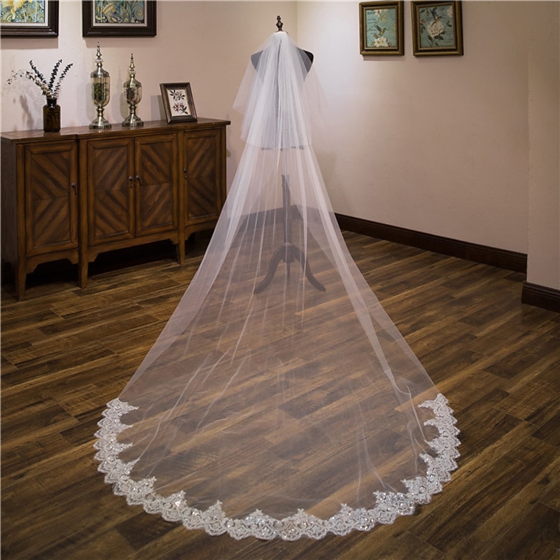 Two-tier Lace Wedding Veil Cathedral Veils with Sequin / Embroidery Tulle dress to impress