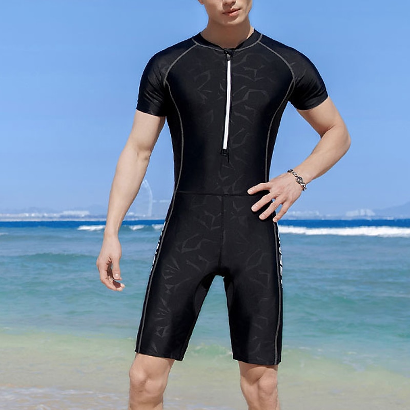 Men's Rash Guard Dive Skin Suit UV Sun Protection Breathable Quick Dry Short Sleeve Diving Suit Swimsuit Front Zip Swimming Diving Surfing Athletic Stripes Summer