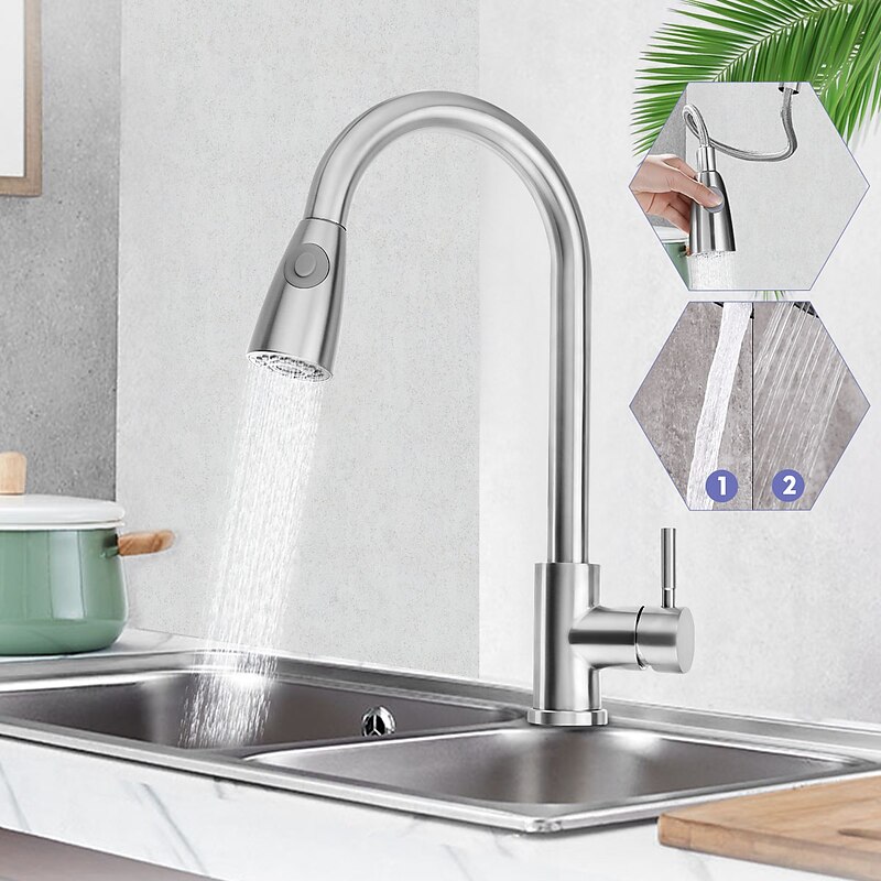 Kitchen Faucet with Pull-out Sprayer,Brushed Nickell Rotatable 304 Stainless Steel High Arc Single Handle One Hole Kitchen Taps4