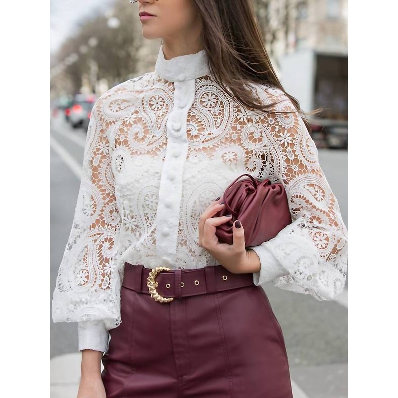 Women's Shirt Lace Shirt Going Out Tops Blouse Elegant Vintage Fashion Lace up Long Sleeve Regular Tops Party Club Black White Apricot Spring Fall - Main Image