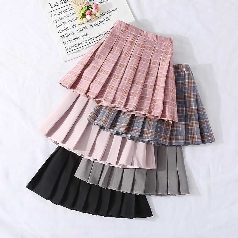 Kids Girls' Skirt Red Plaid Solid Colored Pleated Spring Summer Basic School 3-12 Years