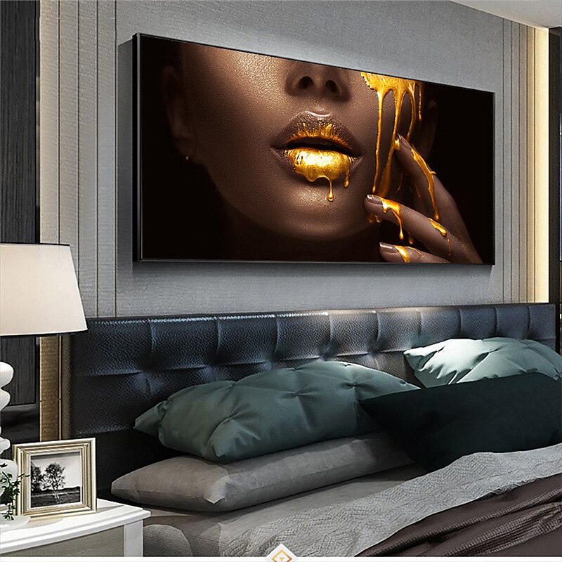 Wall Art Canvas Poster Painting Artwork Picture Gold Lips Woman Home Decoration Décor Rolled Canvas No Frame Unframed Unstretched3