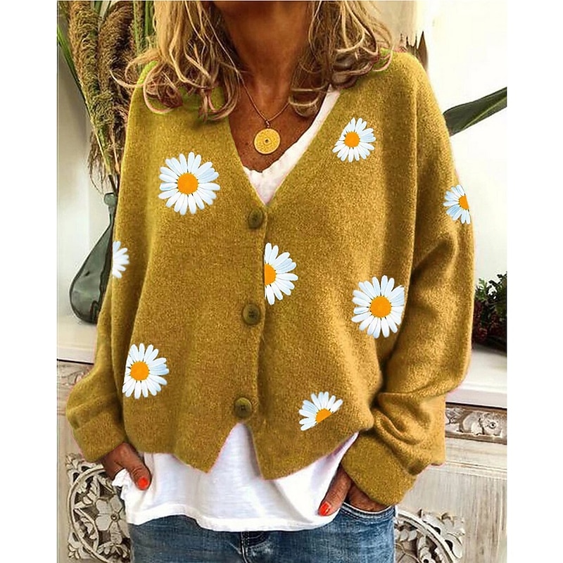Women's Cardigan Sweater Elegant Stylish Casual Daisy Maillard Ribbed Open Front Patchwork Embroidery Long Sleeve Regular Tops Knit Daily Black Yellow Winter3