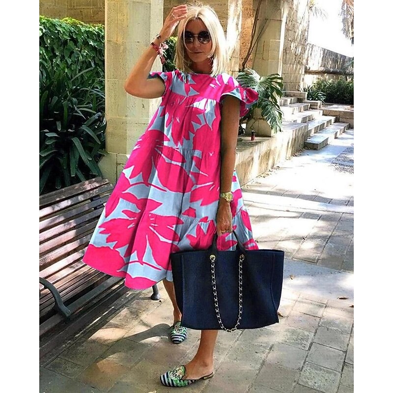 Women's Midi Dress Black Dress Casual Dress Cocktail Dress Formal Dress Stylish Romantic Modern Vacation Daily Going out Loose Fit Floral Animal Short Sleeve Crew Neck Light Blue Pure black Daisy3