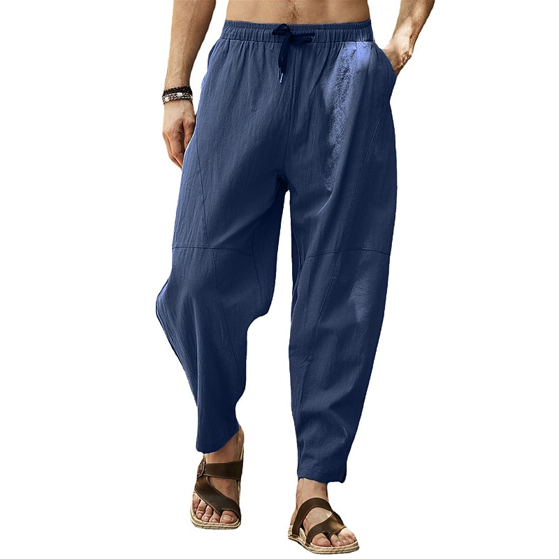 Men's Linen Pants Summer Pants Pocket Drawstring Plain Casual Daily Yoga Cotton Blend Basic Classic Black White2