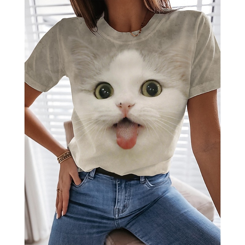 Women's T Shirt Animal Cat 3D Basic Short Sleeve Round Neck Regular Tops Daily Weekend Print Brown