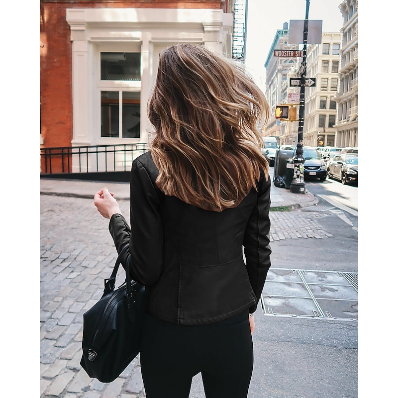 Women's Faux Leather Jacket Street Shopping Spring Fall Regular Coat Slim Windproof Chic & Modern Jacket Long Sleeve Solid Color Faux Fur Trim Denim Blue Black Blue2