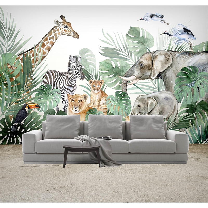 Nursery Mural Wallpaper Wall Sticker Covering Print Peel and Stick Self Adhesive Cartoon Giraffe Elephant Animal Canvas Home Decor3