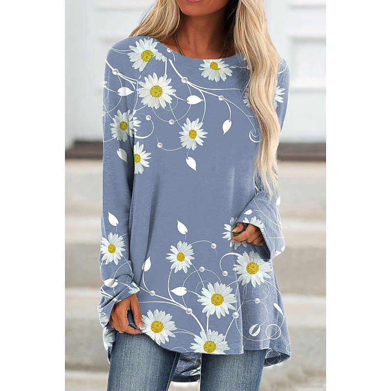 Women's Tunic T Shirts Floral Daisy Tunic Basic Long Sleeve Round Neck Long Tops Daily Weekend Print Blue Purple Green Fall & Winter Prefall2