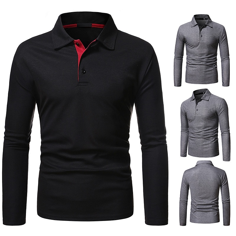 Men's Polo Shirt Golf Shirt Outdoor Street Collar Polo Collar Long Sleeve Simple Sportswear Solid Color Button Front Button-Down Fall Winter Regular Fit Black White Dark Gray Polo Shirt2