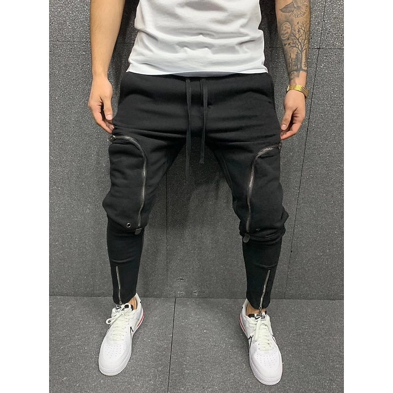 Men's Cargo Pants Cargo Trousers Trousers Elastic Waist Sporty Multi Pocket Plain Sports Full Length Sports Streetwear Athleisure Loose Fit Black White Micro-elastic3