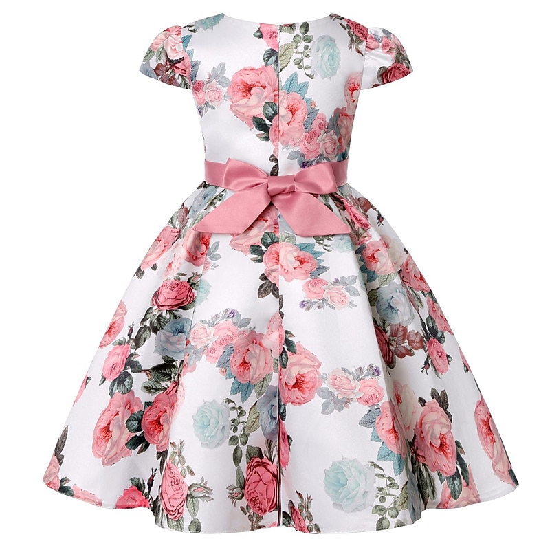Kids Girls' Dress Flower Dress Flower Short Sleeve Anniversary Party Tie Knot Bow Adorable Princess Sweet Polyester Knee-length Skater Dress Pleat Dress Floral Dress Summer Spring 4-13 Years3