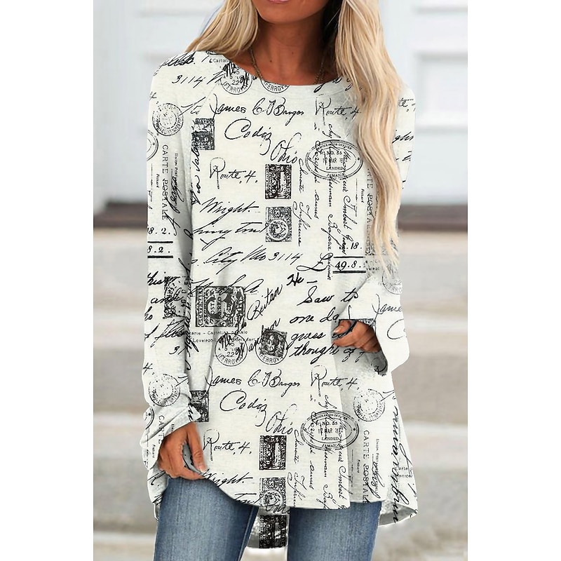 Women's T shirt Long Sleeve Tee Tunic Black White Yellow Graphic Floral Print Long Sleeve Casual Weekend Tunic Vintage Round Neck Long Regular Fit Abstract Painting Plus Size L Prefall